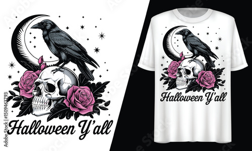Halloween Y'all Crow, Skull Pink Rose, T-Shirt Design.
