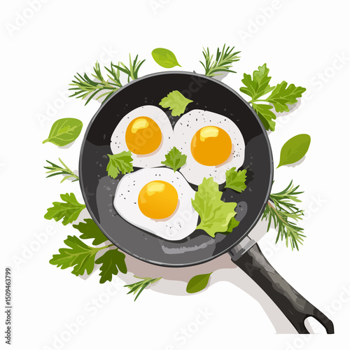 A frying pan with sunny-side-up eggs and herbs
