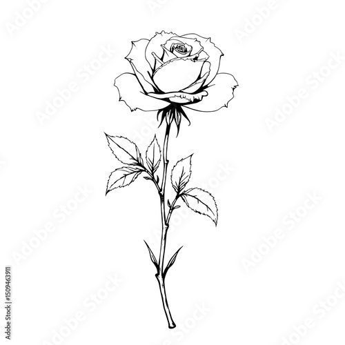 A detailed, artistic rendering of a rose in elegant monochrome. The stark contrast and delicate linework emphasizes the exquisite details, creating a timeless piece of floral art.