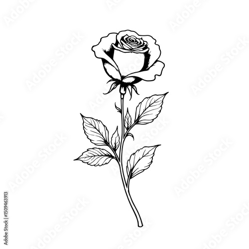 An elegant sketch of a rose, highlighting its delicate petals, stem, and leaves. A perfect representation of nature's timeless beauty.