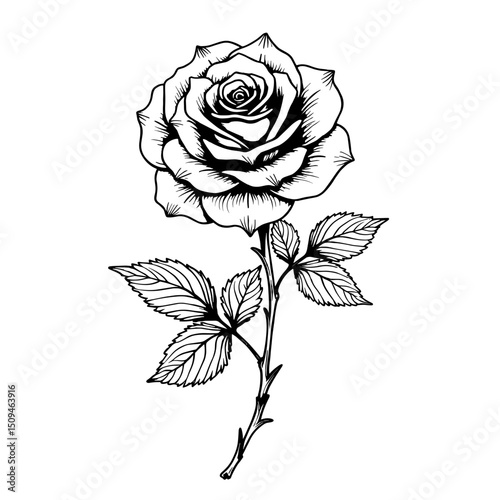 A detailed illustration of a rose, capturing the flower's intricate petals and elegant stem, presenting a classic and timeless aesthetic.