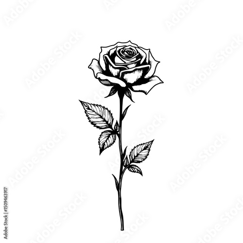 An elegant monochrome illustration of a rose, delicately rendered in black and white, showcasing the timeless beauty of floral artistry.