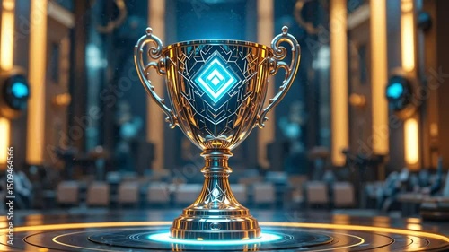 A golden trophy with a blue glowing diamond on a platform in a futuristic setting with chairs