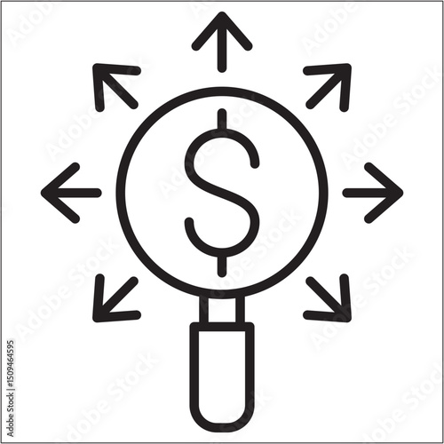 Business market data research icon. Magnifying glass with dollar icon. Icon symbol compatible for finance monitoring, observation, finding profit. Vector illustration