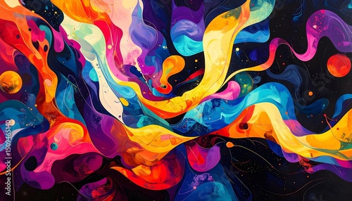 Vibrant Abstract Painting with Flowing Organic Shapes and Rich Colors.