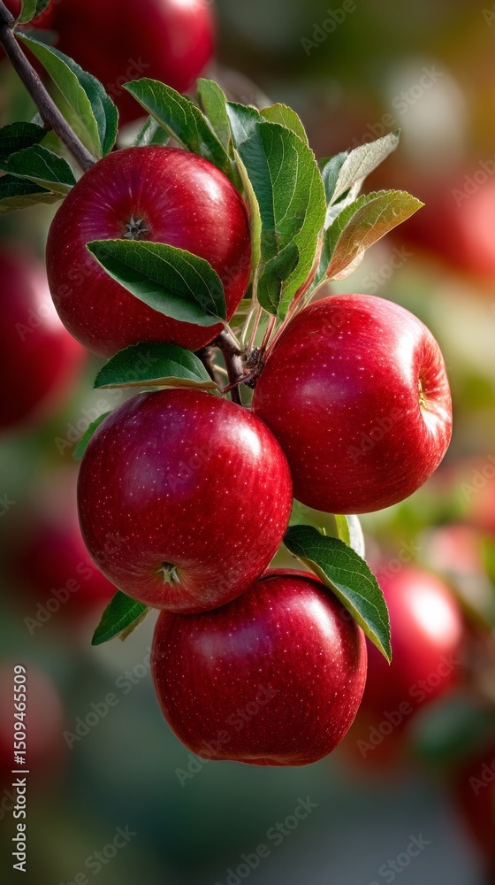 Obraz premium Bright red apples cluster on branches, showcasing their glossy skin and healthy green leaves. The sunlight filters through, highlighting the abundance in this cheerful orchard