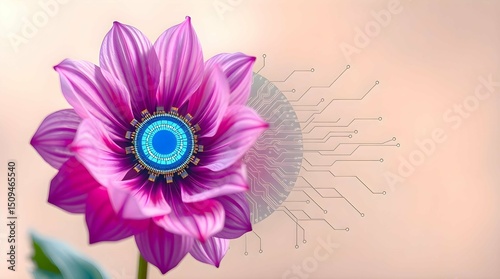 Pink and Lavender Flower Morphing into Digital Circuitry with Glowing Blue Center.