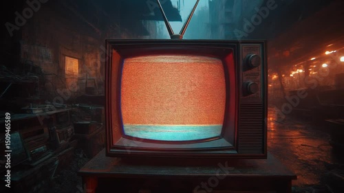 Old tv on street. Working old tv. Noise on tv screen. Tv with antenna. Static noise. Static. Static on tv screen. Vintage tv.
