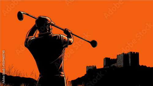 Golfer's Backswing Silhouette Against Orange Sky with Distant Castle Ruins