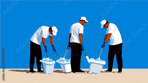 Three workers in white shirts cleaning up ice with blue gloves