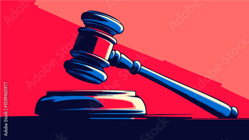 Stylized Gavel with Striking Red Backdrop and Bold Blue Accents
