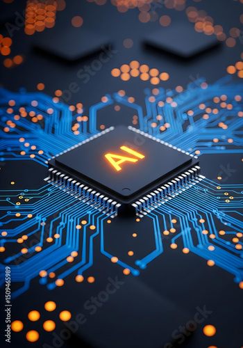 Macro Close-Up: Orange 'AI' Microchip on Dark Blue Circuit Board with Bright Blue Traces and Orange Connections, Representing Advanced Technology.