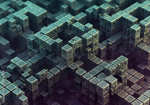 Abstract 3D Render: Dense Interconnected Intricate Cubes Forming a Complex Architectural Structure in Metallic Teal and Dark Grey.