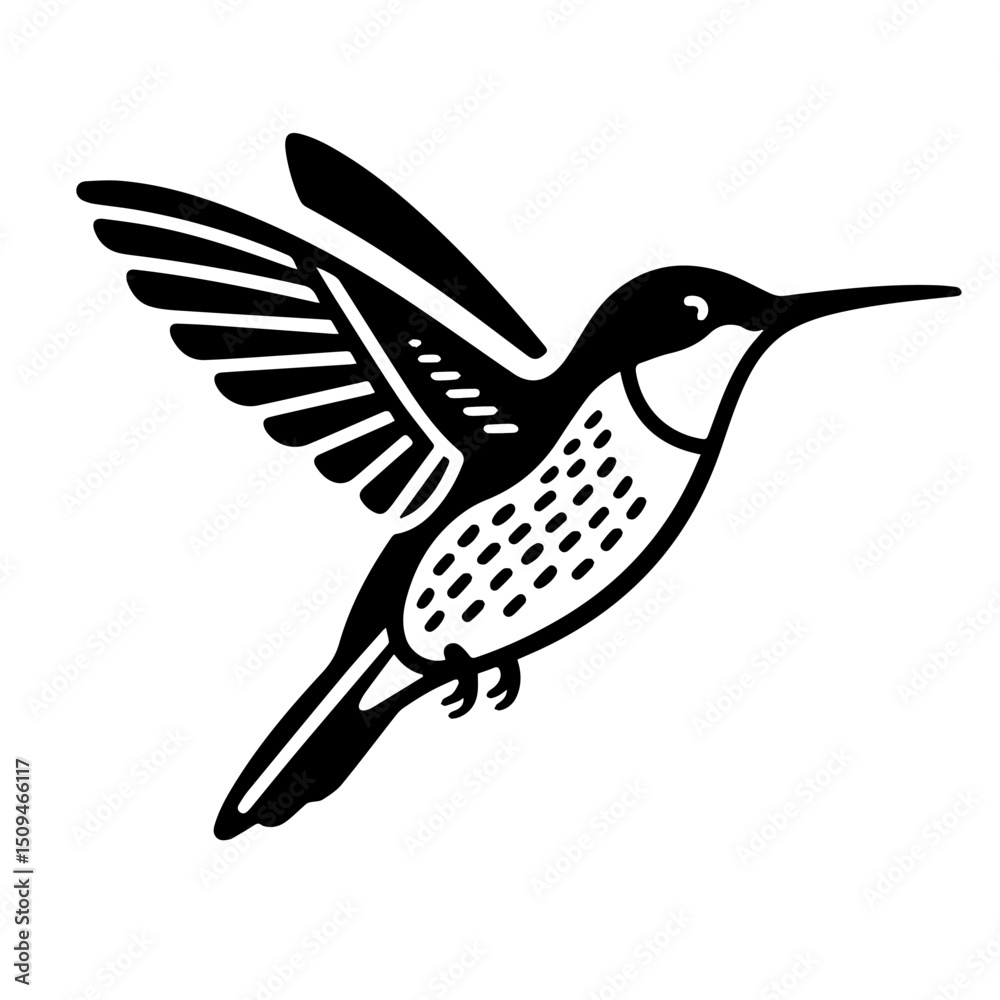Fototapeta premium A black illustration of a hummingbird in flight.