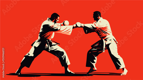 Two Karate Fighters in Action, Striking Poses, Intense Martial Arts Combat