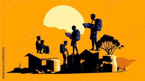Stylized Silhouette of Students with Laptops and Backpacks at Sunset