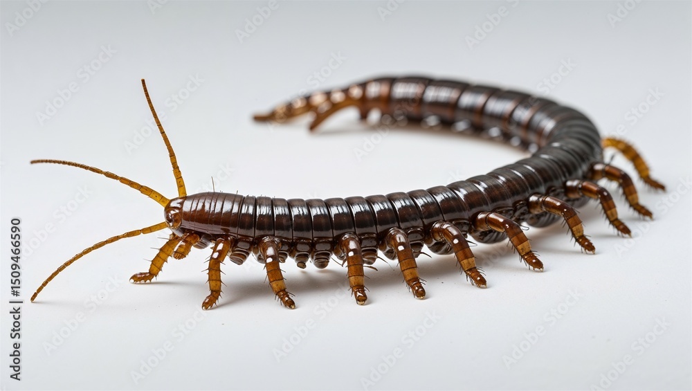 Obraz premium Full-body centipede larva in crawling pose with leg segments aligned, isolated on white