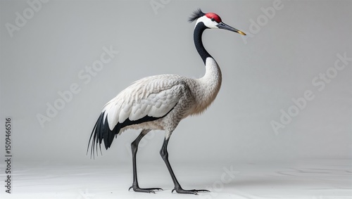 Full-body crane bird with long legs and neck upright, standing in side pose on white