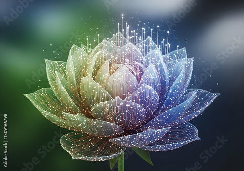 Blooming Digital Lotus: Representing the Fusion of Nature and Technology with Glowing Circuitry.