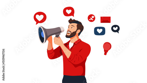Man with Megaphone Surrounded by Social Media Icons, Red Shirt, Dark Hair