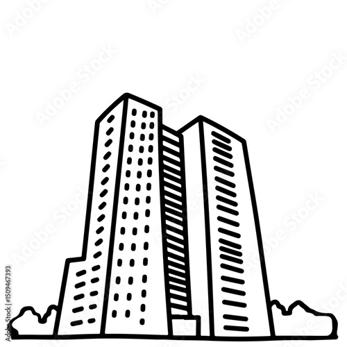 A simple line drawing illustration of three modern skyscrapers.