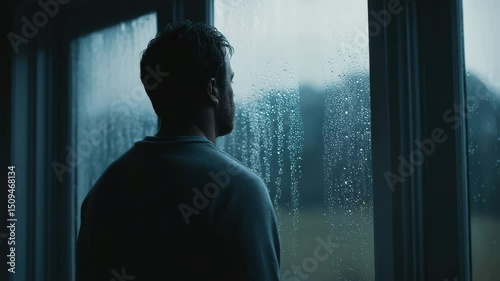 A thoughtful man looking out a rain-soaked window, lost in reflection during a moody rainy day, ideal for themes of solitude and contemplation.

