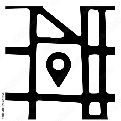 A simple black illustration of a map location pin on a street grid.