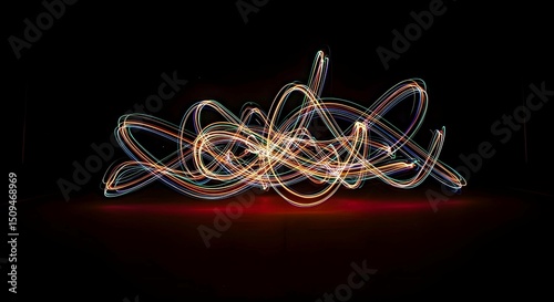 Abstract Long Exposure Photograph of Swirling Multicolored Light Trails on a Dark Surface with Red Reflection.