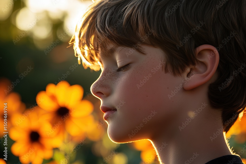 Naklejka premium A young boy's peaceful profile in golden sunlight.