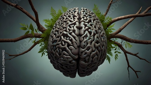 Conceptual Art: Mossy Branches Intertwined as a Human Brain, Exploring Nature's Connection to Intelligence with a Soft Inner Light.