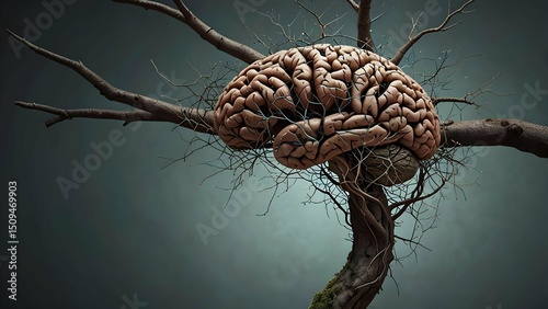 Conceptual Art: Mossy Branches Intertwined as a Human Brain, Exploring Nature's Connection to Intelligence with a Soft Inner Light.