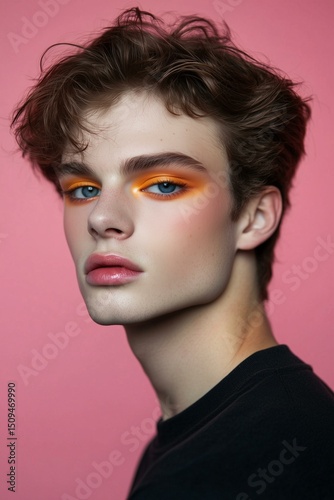 portrait of handsome teen man with nice appearance and stylish makeup posing to the camera
