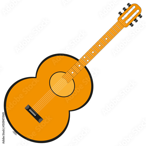 Classic guitar shape. Orange wooden body. Detailed string elements. Musical concept illustration.