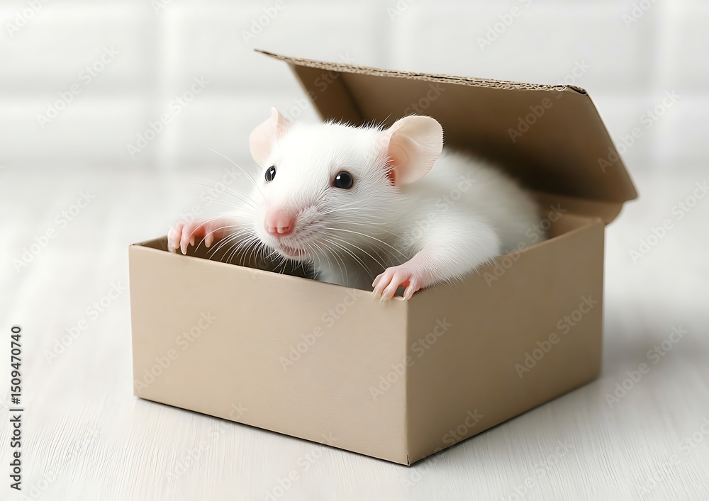 Fototapeta premium White rat in a cardboard box