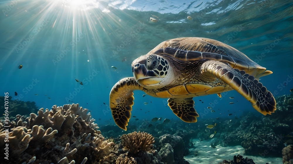 Fototapeta premium Underwater photography - Curious sea turtle near reef structure