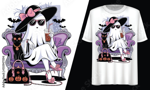 Halloween Ghost Diva With Cat, T-Shirt Design.

