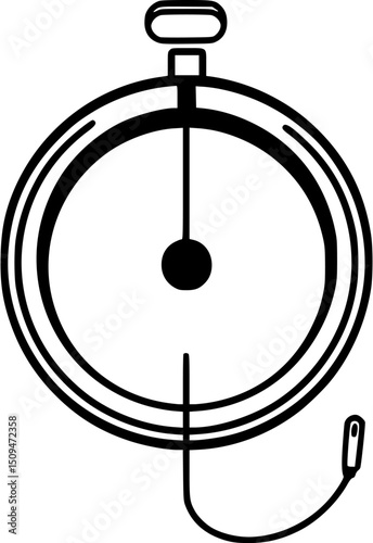 A black and white illustration of a stopwatch with a hanging string