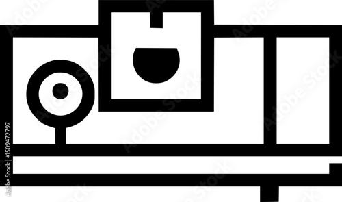 Stylized blackandwhite minimalist illustration of a desk with monitor mug and shelf