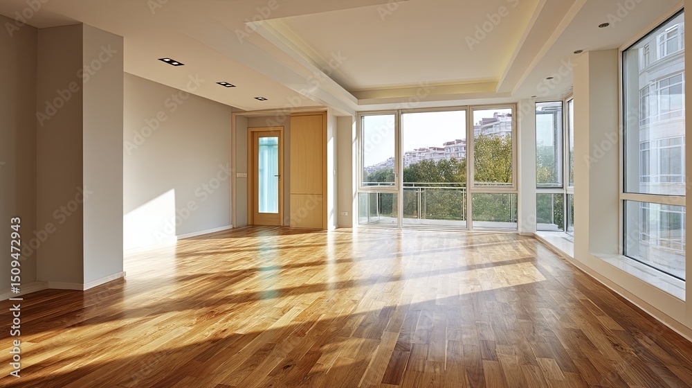 Fototapeta premium Spacious empty modern interior with wooden flooring, neutral color walls, and minimalistic architectural design in a wide angle view