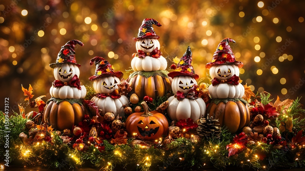 Obraz premium Halloween Pumpkins Witches Hats Autumn Festive Decor