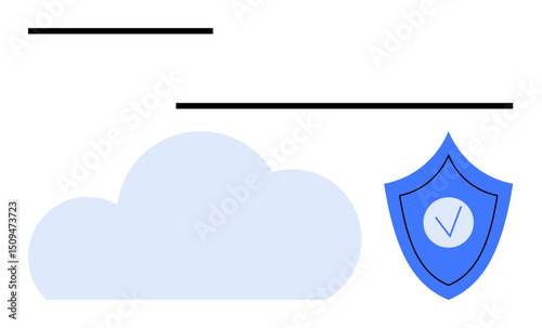 Cloud graphic paired with shield icon featuring checkmark. Ideal for cloud storage, cybersecurity, online privacy, technology safety, data encryption, secure solutions, simple landing page