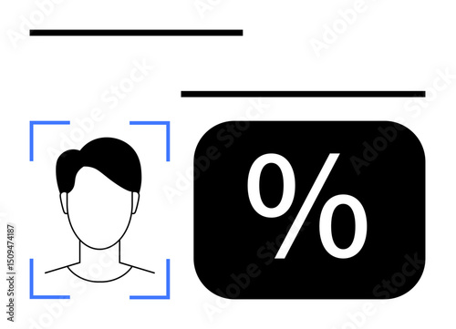 Simplified face outline in blue scanning frame beside percentage sign inside black box. Ideal for technology, AI, data analysis, security, biometrics, statistics, innovation. Flat simple metaphor