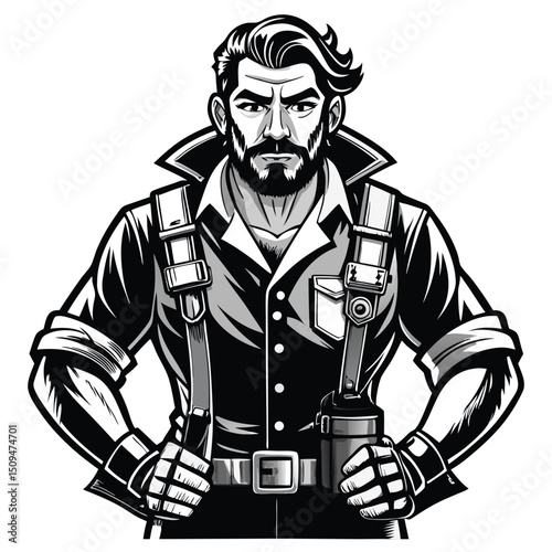 Stylish Bearded Man in a Dark Shirt and Leather Harness