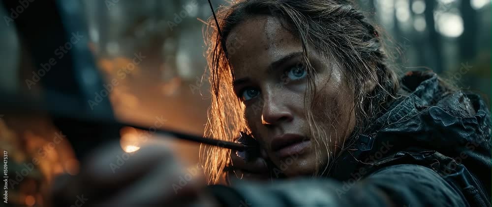 Anamorphic video Young woman holding a bow drawn tight, arrow aimed forward with an intense expression and long braided dark hair Anamorphic video Young woman holding a bow drawn tight, arrow aimed forward with an intense expression and long braided dark hair