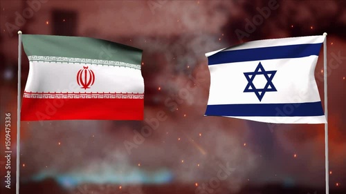 4k conflict or war between Iran, and Israel 3d flag waving in the loop and animation on Burning Red Hot Sparks, Fire Glowing Particles on Smoky Red Background, Disaster, nuclear war in two countries