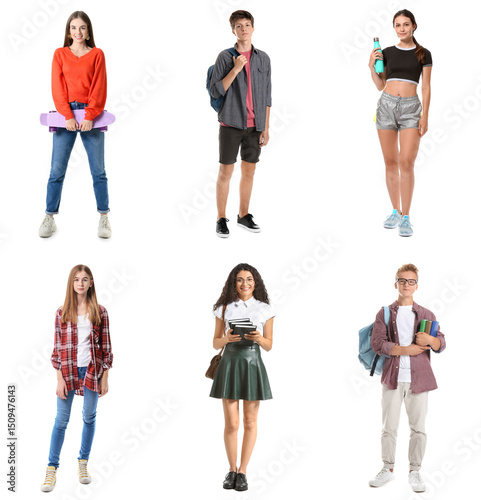 Set of teenagers on white b...