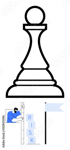 Chess pawn symbolizing strategy, man measuring risk blocks, goal flag representing achievement. Ideal for strategy, management, decision-making, leadership, growth, competition simple landing page