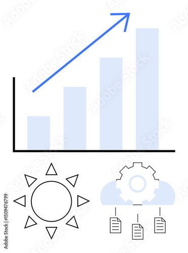 Bar chart with upward arrow, bright sun, and gear over a cloud linking documents. Ideal for growth, productivity, technology, data analysis, innovation sustainability success. Flat simple metaphor