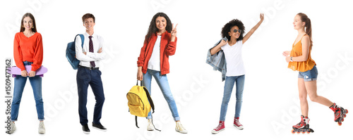 Set of teenagers on white background