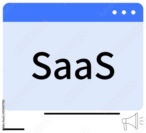 Browser window featuring SaaS text, minimal design, and a megaphone icon. Ideal for software, marketing, cloud technology, innovation, business strategy, digital tools simple landing page